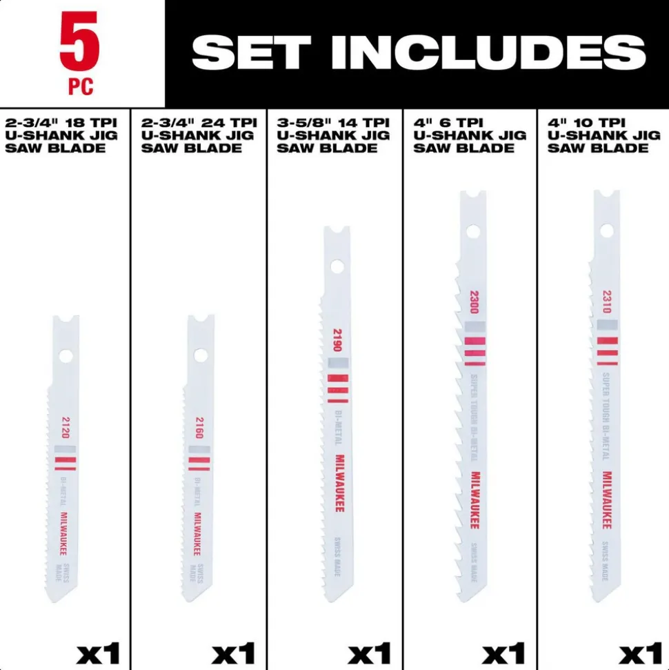 5 Pc. U-Shank Bi-Metal Jig Saw Blade Set