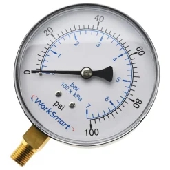 Pressure Gauge: 3-1/2" Dial, 100 psi, 1/4" Thread, NPT, Lower Mount