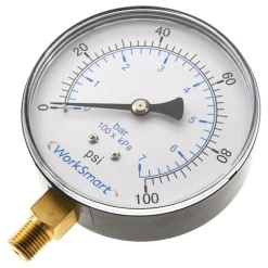 Pressure Gauge: 3-1/2" Dial, 100 psi, 1/4" Thread, NPT, Lower Mount
