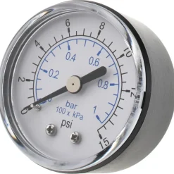 Pressure Gauge: 2" Dial, 15 psi, 1/4" Thread, NPT, Center Back Mount