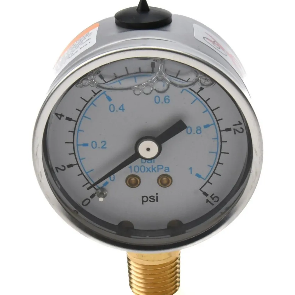 Pressure Gauge: 2" Dial, 15 psi, 1/4" Thread, NPT, Lower Mount