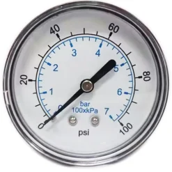 Pressure Gauge: 2-1/2" Dial, 100 psi, 1/4" Thread, NPT, Center Back Mount