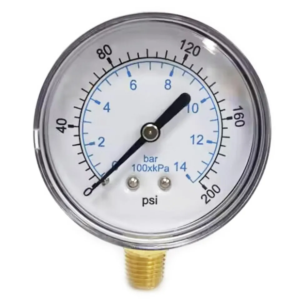 Pressure Gauge: 2-1/2" Dial, 200 psi, 1/4" Thread, NPT, Lower Mount