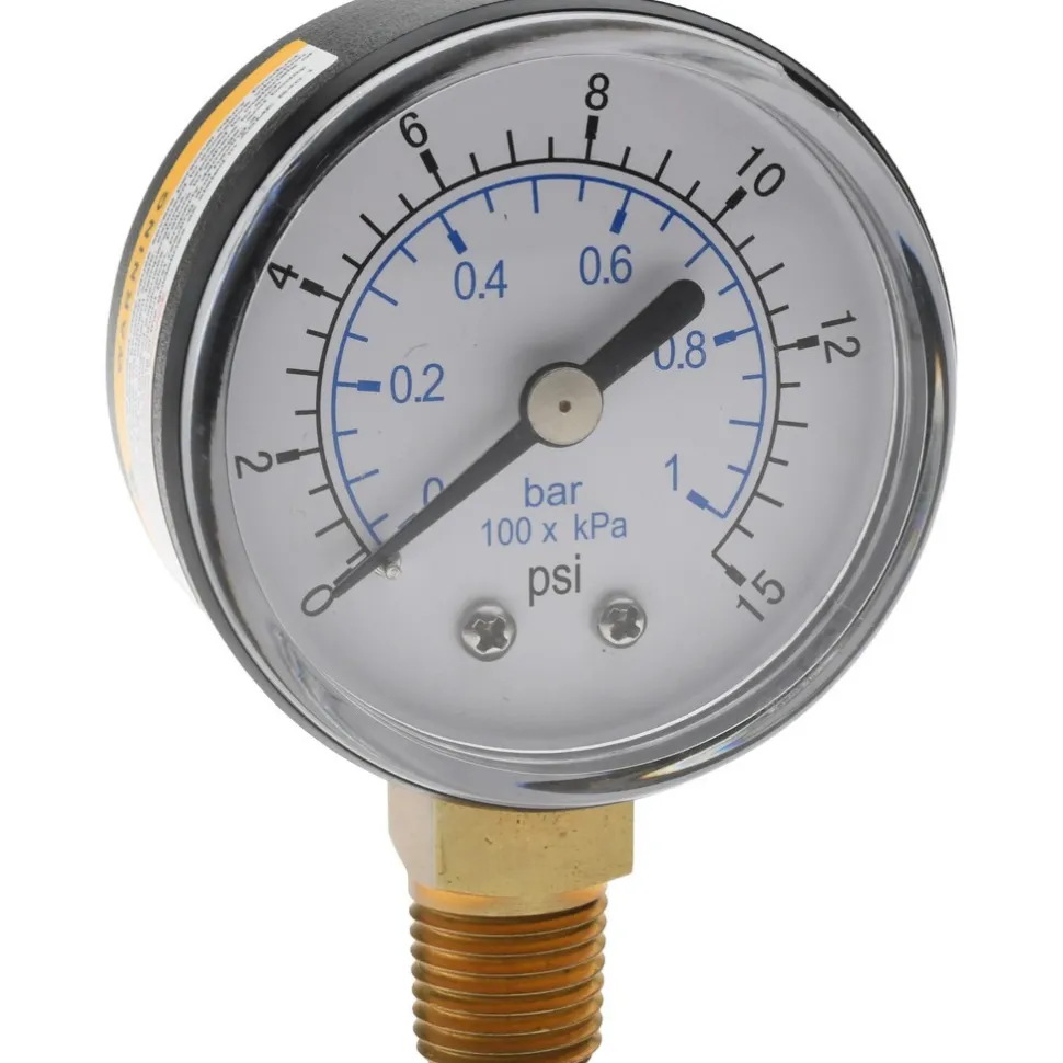 Pressure Gauge: 2" Dial, 15 psi, 1/4" Thread, NPT, Lower Mount