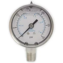 Pressure Gauge: 2" Dial, 30 psi, 1/4" Thread, NPT, Lower Mount