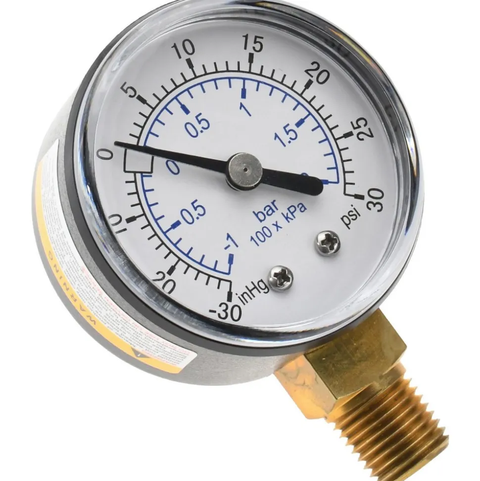 Pressure Gauge: 2" Dial, 30 psi, 1/4" Thread, NPT, Lower Mount