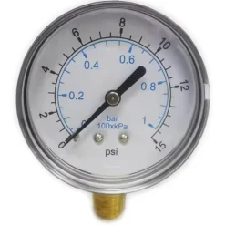 Pressure Gauge: 2-1/2" Dial, 15 psi, 1/4" Thread, NPT, Lower Mount