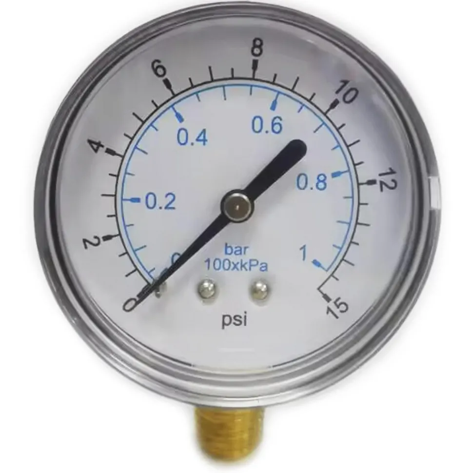 Pressure Gauge: 2-1/2" Dial, 15 psi, 1/4" Thread, NPT, Lower Mount