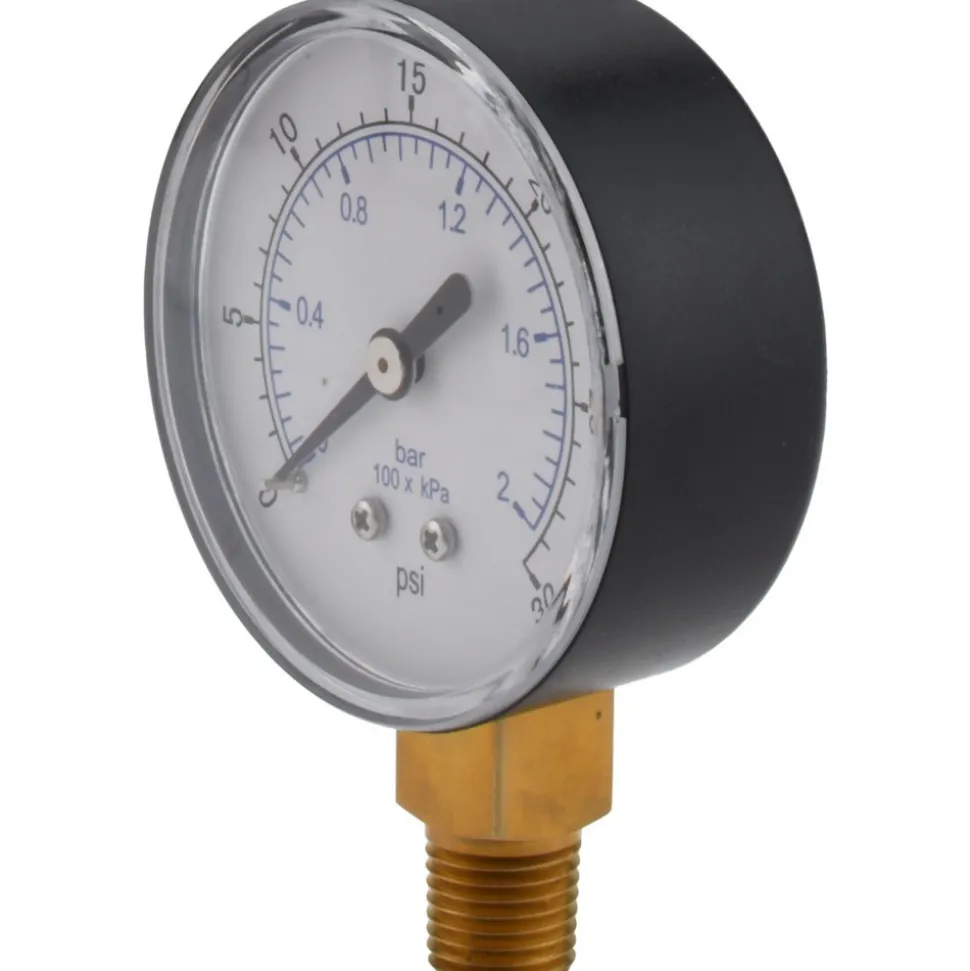 Pressure Gauge: 2-1/2" Dial, 30 psi, 1/4" Thread, NPT, Lower Mount