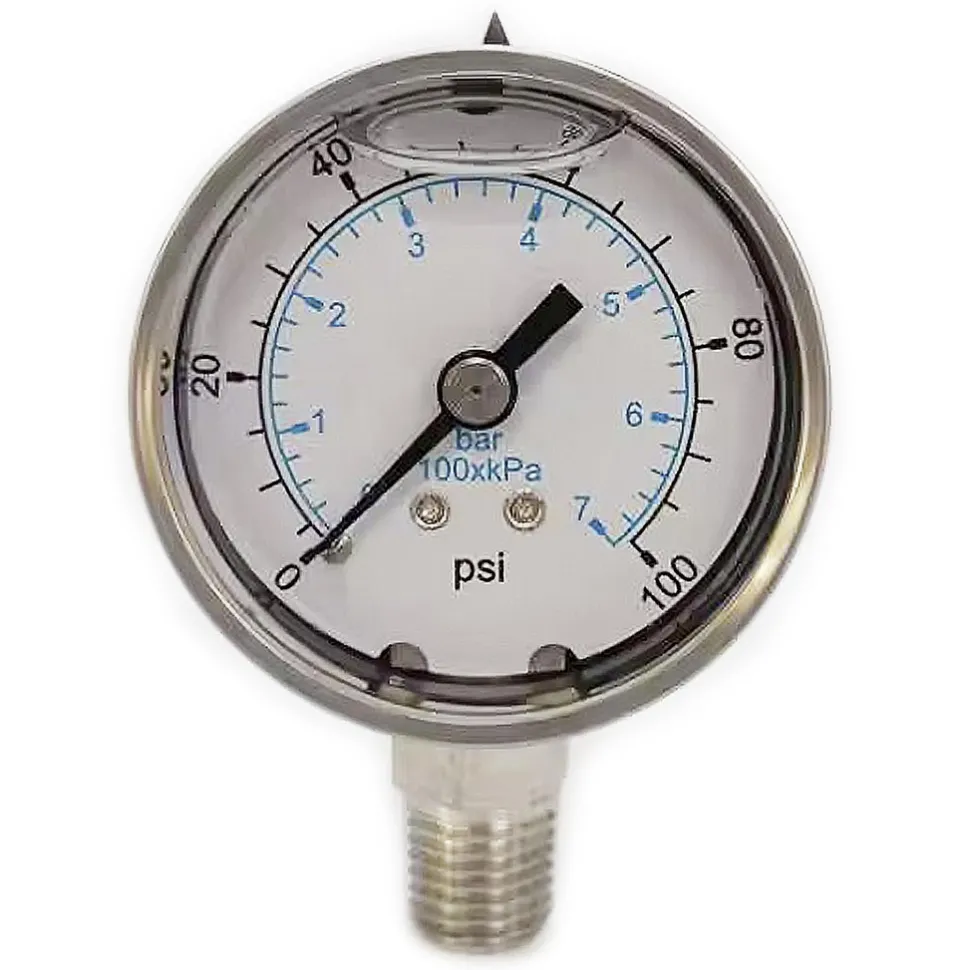 Pressure Gauge: 2" Dial, 100 psi, 1/4" Thread, NPT, Lower Mount