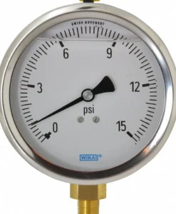 Pressure Gauge: 4" Dial, 0 to 15 psi, 1/4" Thread, NPT, Lower Mount