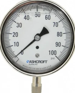 Pressure Gauge: 3-1/2" Dial, 0 to 100 psi, 1/4" Thread, NPT, Lower Mount