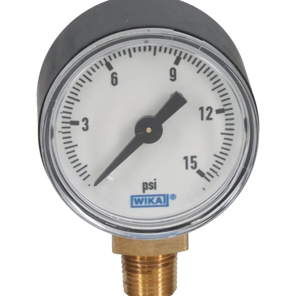 Pressure Gauge: 1-1/2" Dial, 0 to 15 psi, 1/8" Thread, NPT, Lower Mount