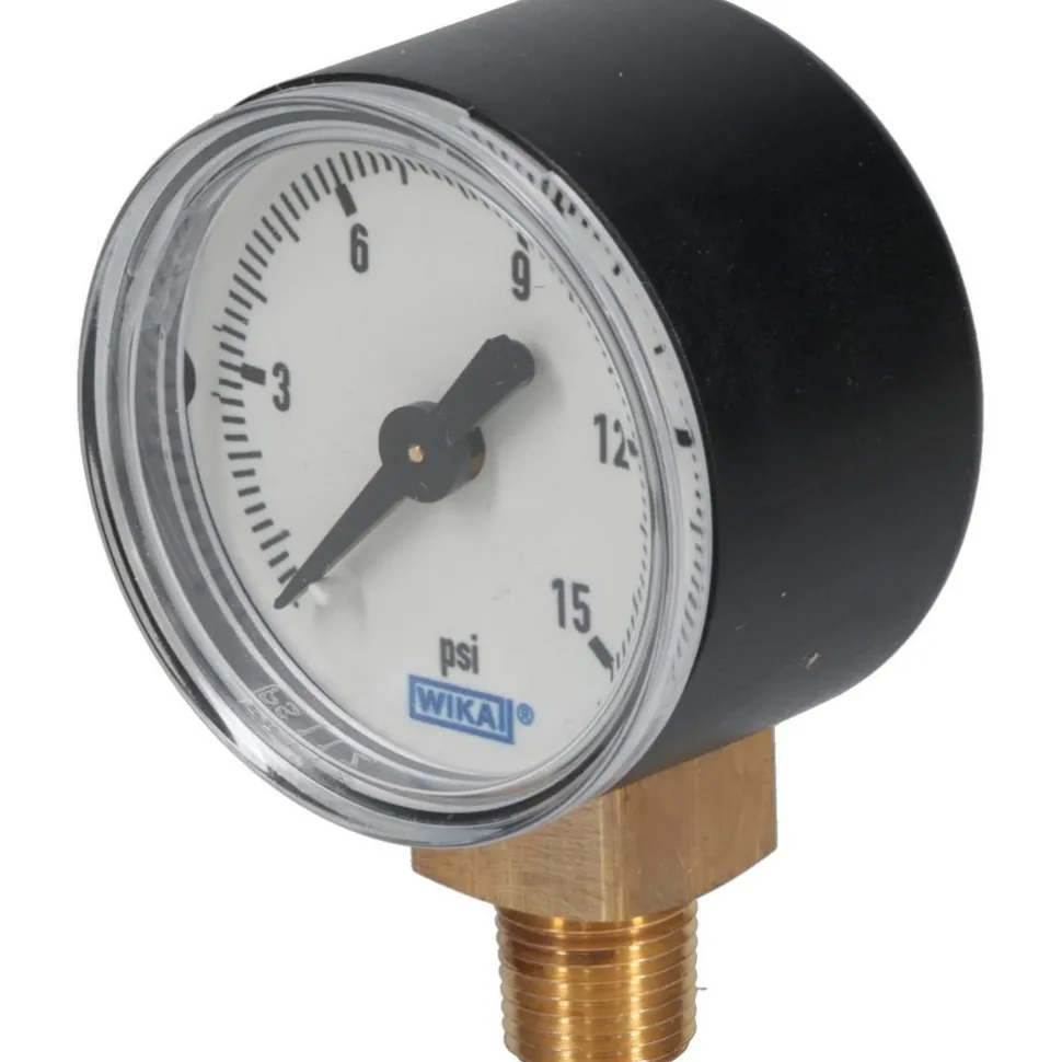 Pressure Gauge: 1-1/2" Dial, 0 to 15 psi, 1/8" Thread, NPT, Lower Mount