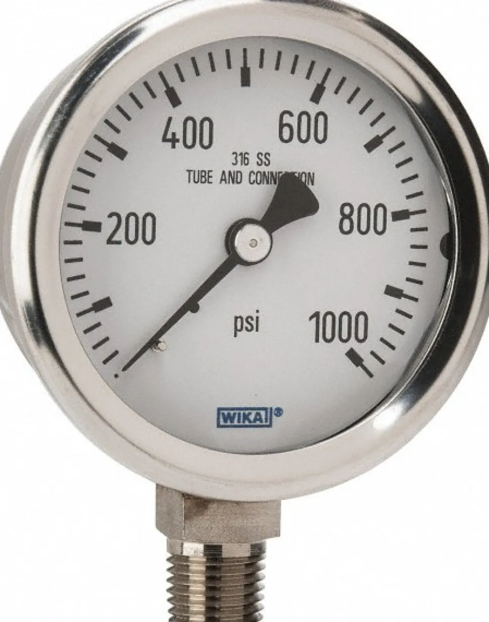 Pressure Gauge: 2-1/2" Dial, 0 to 1,000 psi, 1/4" Thread, NPT, Lower Mount