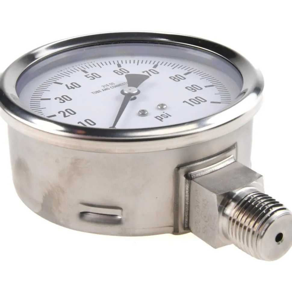 Pressure Gauge: 4" Dial, 0 to 100 psi, 1/2" Thread, NPT, Lower Mount