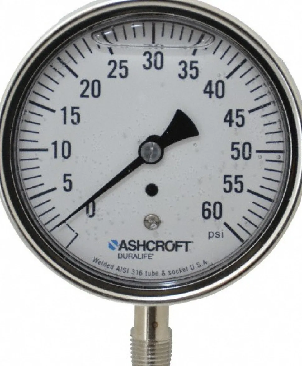 Pressure Gauge: 3-1/2" Dial, 0 to 60 psi, 1/4" Thread, NPT, Lower Mount