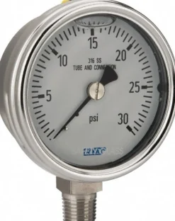 Pressure Gauge: 2-1/2" Dial, 0 to 30 psi, 1/4" Thread, NPT, Lower Mount