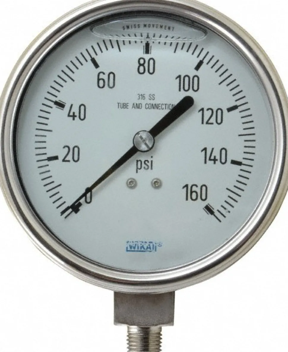 Pressure Gauge: 4" Dial, 0 to 160 psi, 1/4" Thread, NPT, Lower Mount