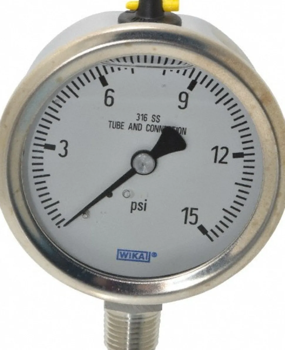Pressure Gauge: 2-1/2" Dial, 0 to 15 psi, 1/4" Thread, NPT, Lower Mount