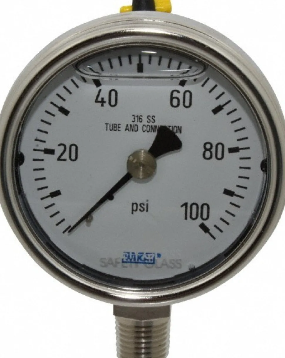 Pressure Gauge: 2-1/2" Dial, 0 to 100 psi, 1/4" Thread, NPT, Lower Mount