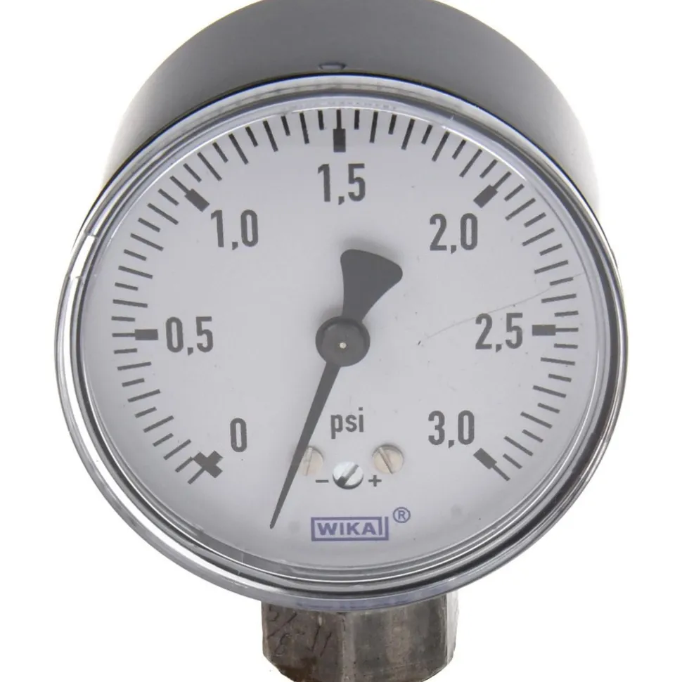 Pressure Gauge: 2-1/2" Dial, 0 to 3 psi, 1/4" Thread, NPT, Lower Mount