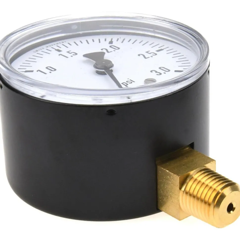 Pressure Gauge: 2-1/2" Dial, 0 to 3 psi, 1/4" Thread, NPT, Lower Mount