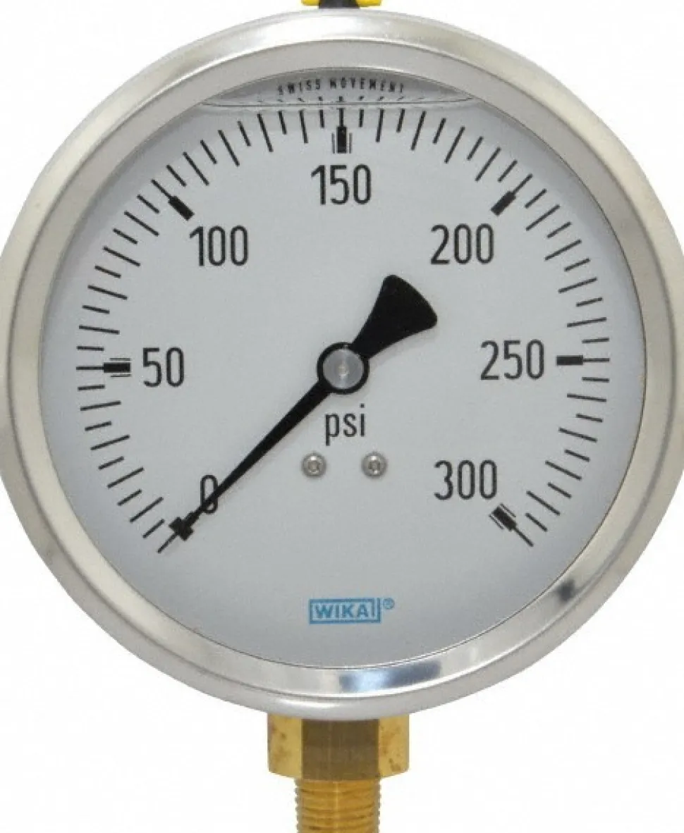 Pressure Gauge: 4" Dial, 0 to 300 psi, 1/4" Thread, NPT, Lower Mount