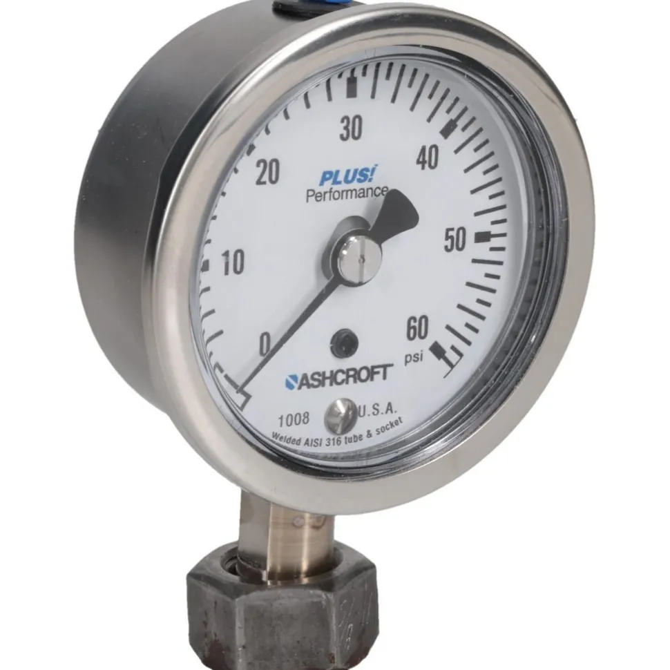 Pressure Gauge: 2-1/2" Dial, 0 to 60 psi, 1/4" Thread, Lower Mount