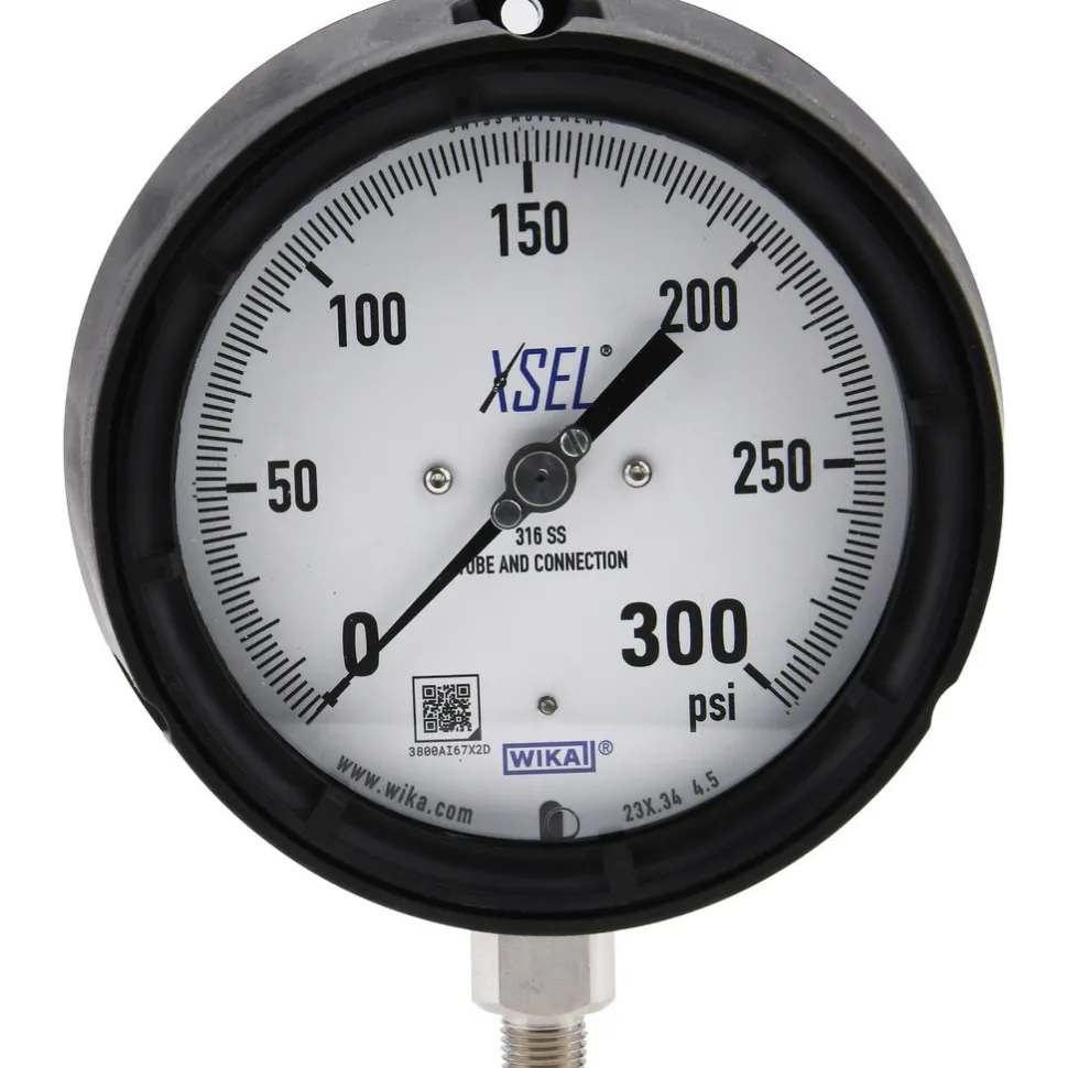 Pressure Gauge: 4-1/2" Dial, 0 to 300 psi, 1/4" Thread, NPT, Lower Mount