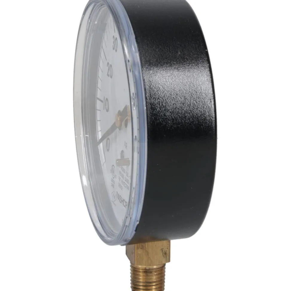 Pressure Gauge: 3-1/2" Dial, 0 to 100 psi, 1/4" Thread, NPT, Lower Mount