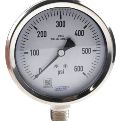 Pressure Gauge: 4" Dial, 0 to 600 psi, 1/2" Thread, NPT, Lower Mount