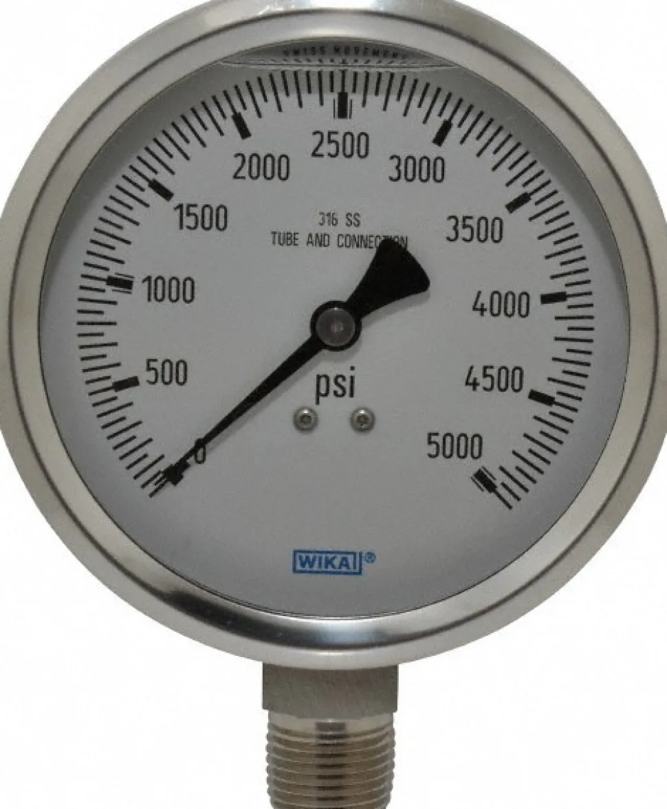 Pressure Gauge: 4" Dial, 0 to 5,000 psi, 1/2" Thread, NPT, Lower Mount