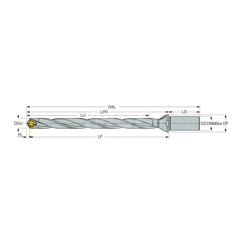 Replaceable-Tip Drill: 0.374 to 0.39" Dia, 4.56" Max Depth, 1/2" Straight-Cylindrical Shank