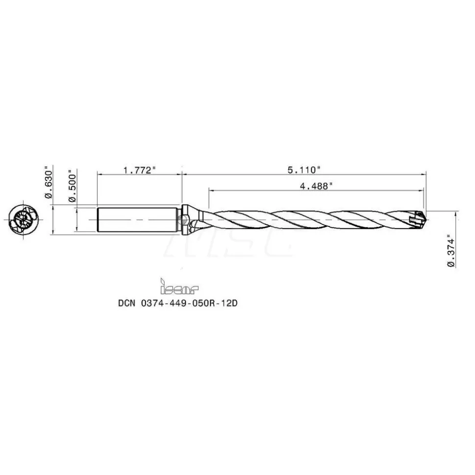 Replaceable-Tip Drill: 0.374 to 0.39" Dia, 4.56" Max Depth, 1/2" Straight-Cylindrical Shank