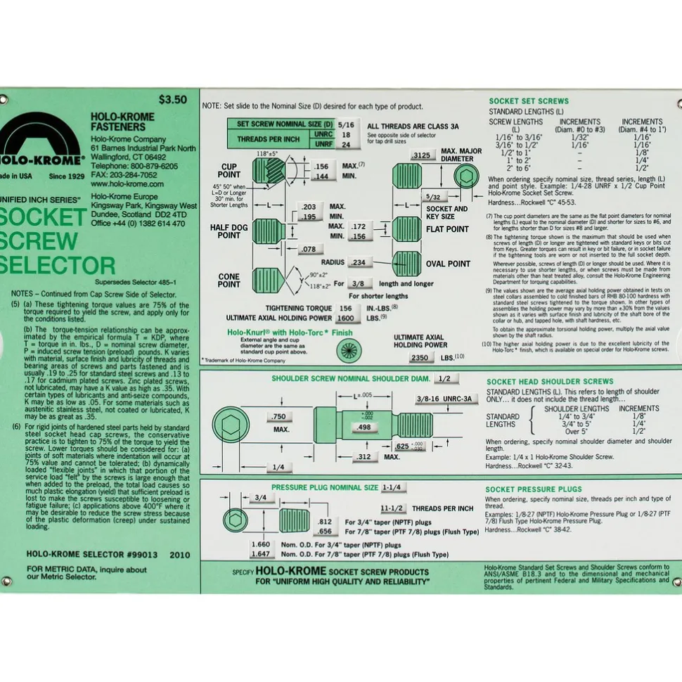 Slide Chart: Socket Screw Selector - Inch