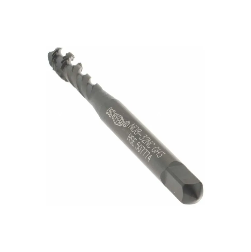 Spiral Flute Tap: #8-32, UNC, 3 Flute, Modified Bottoming Chamfer, 2B Class of Fit, Vanadium High-Speed Steel, Oxide Finish
