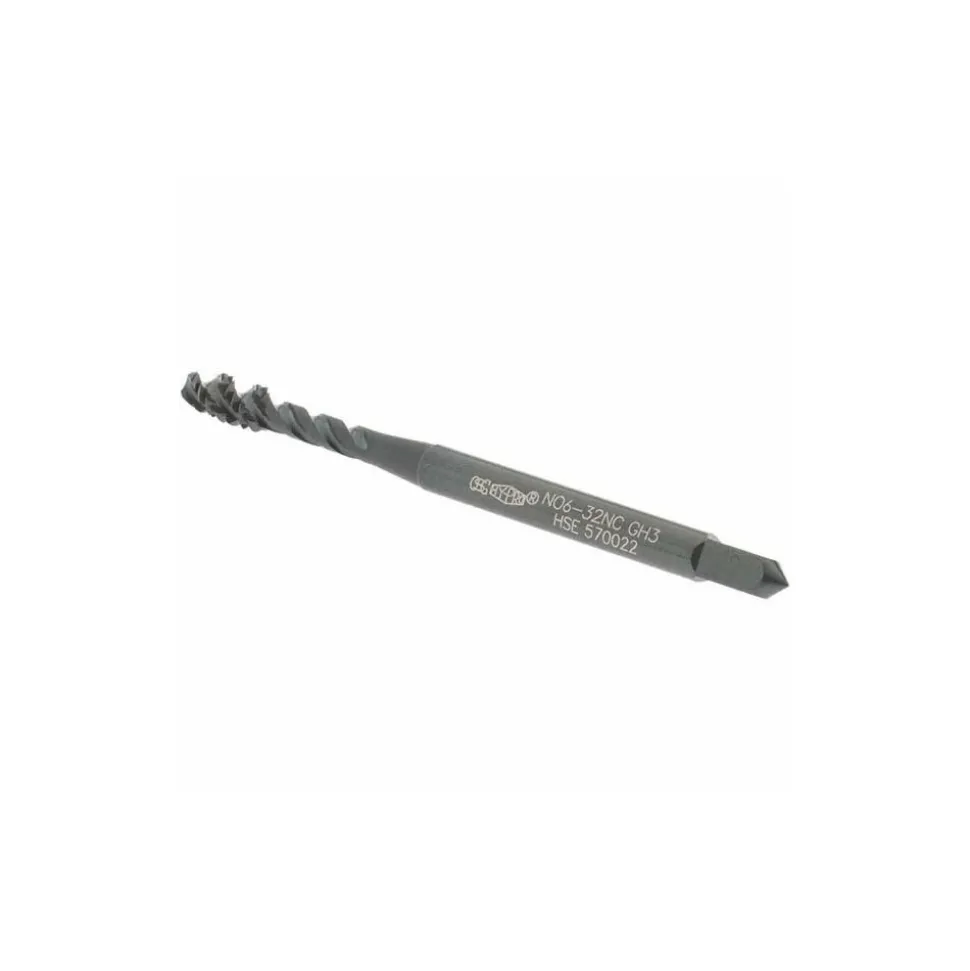 Spiral Flute Tap: #6-32, UNC, 3 Flute, Modified Bottoming Chamfer, 2B Class of Fit, Vanadium High-Speed Steel, Oxide Finish