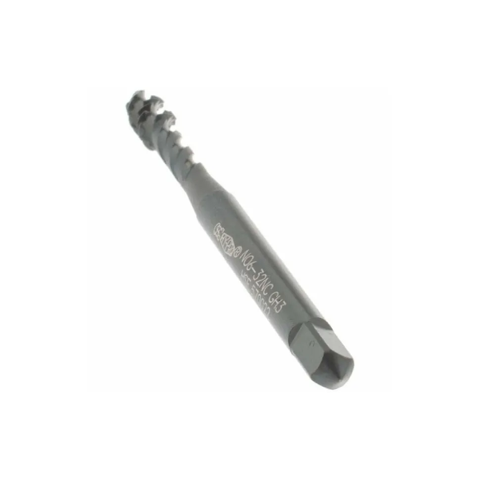 Spiral Flute Tap: #6-32, UNC, 3 Flute, Modified Bottoming Chamfer, 2B Class of Fit, Vanadium High-Speed Steel, Oxide Finish