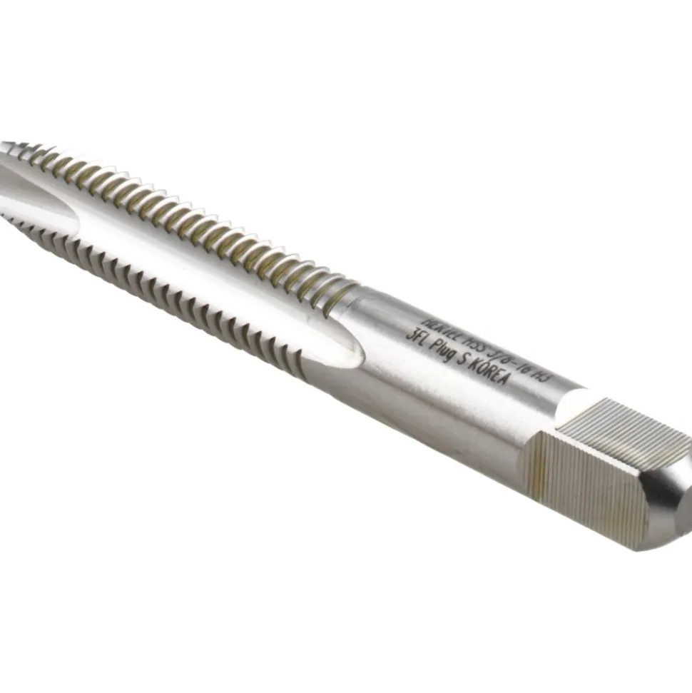 Spiral Point Tap: 3/8-16 UNC, 3 Flutes, Plug Chamfer, 3B Class of Fit, HSS, Bright/Uncoated Coated