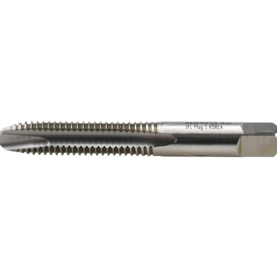 Spiral Point Tap: 3/8-16 UNC, 3 Flutes, Plug Chamfer, 3B Class of Fit, HSS, Bright/Uncoated Coated