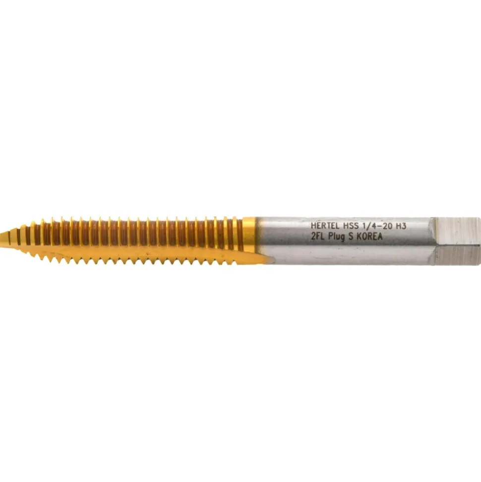 Spiral Point Tap: 1/4-20 UNC, 2 Flutes, Plug Chamfer, 3B Class of Fit, HSS, TiN Coated