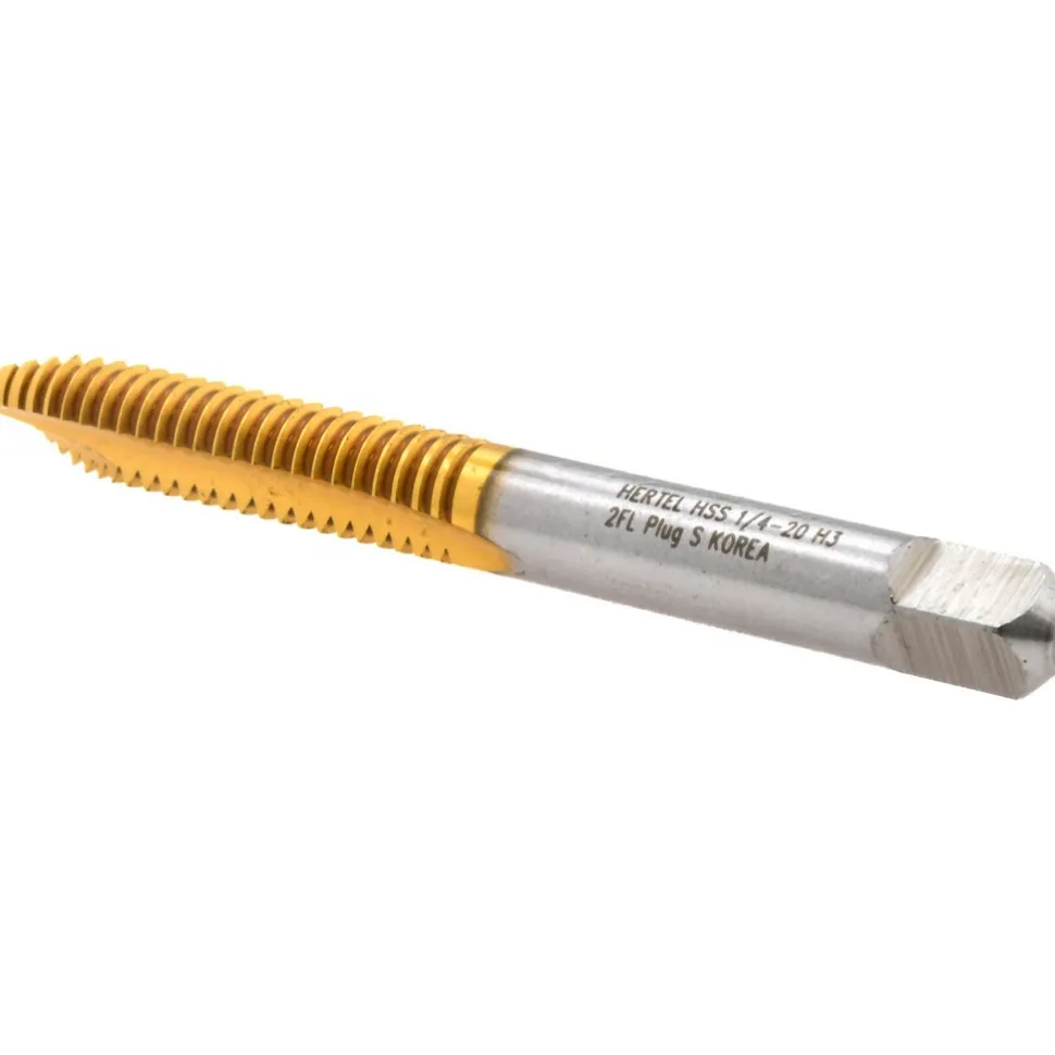Spiral Point Tap: 1/4-20 UNC, 2 Flutes, Plug Chamfer, 3B Class of Fit, HSS, TiN Coated