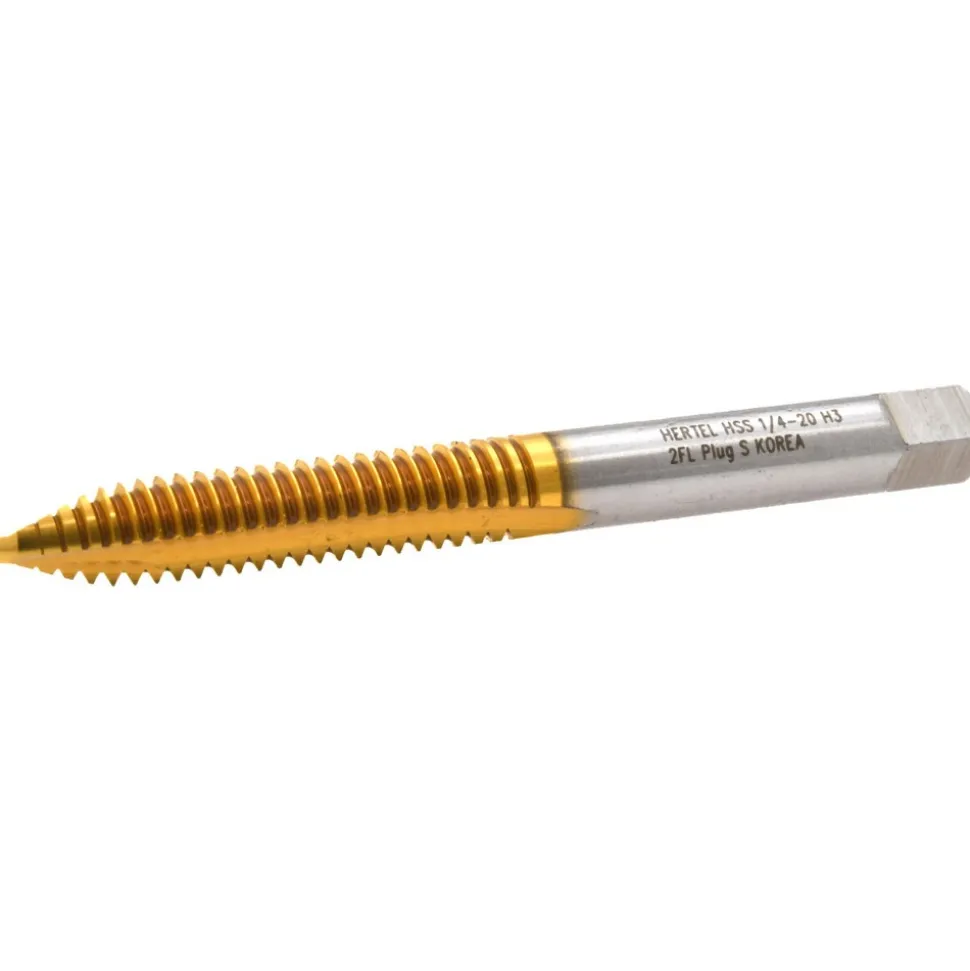 Spiral Point Tap: 1/4-20 UNC, 2 Flutes, Plug Chamfer, 3B Class of Fit, HSS, TiN Coated