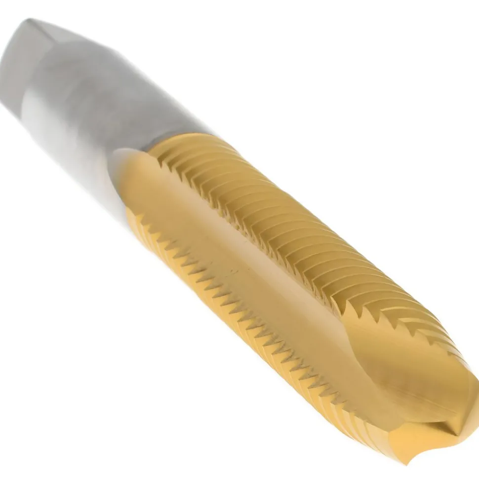 Spiral Point Tap: 5/16-18 UNC, 2 Flutes, Plug Chamfer, 3B Class of Fit, HSS, TiN Coated