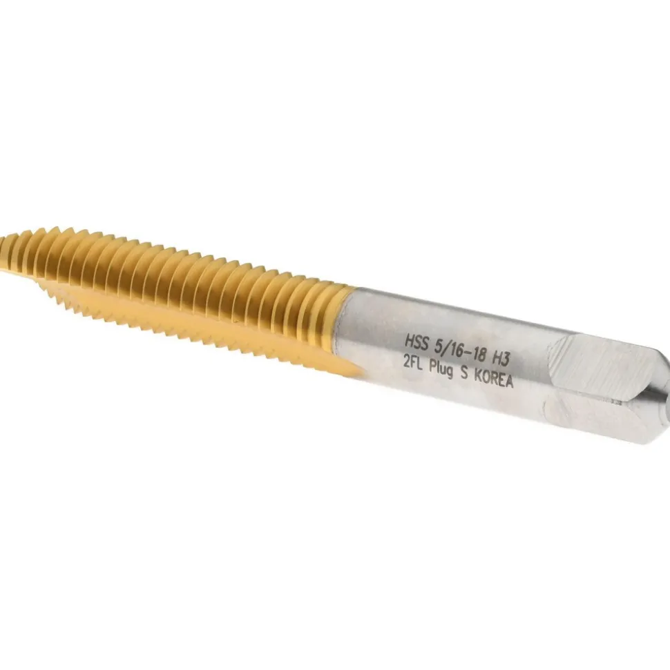 Spiral Point Tap: 5/16-18 UNC, 2 Flutes, Plug Chamfer, 3B Class of Fit, HSS, TiN Coated