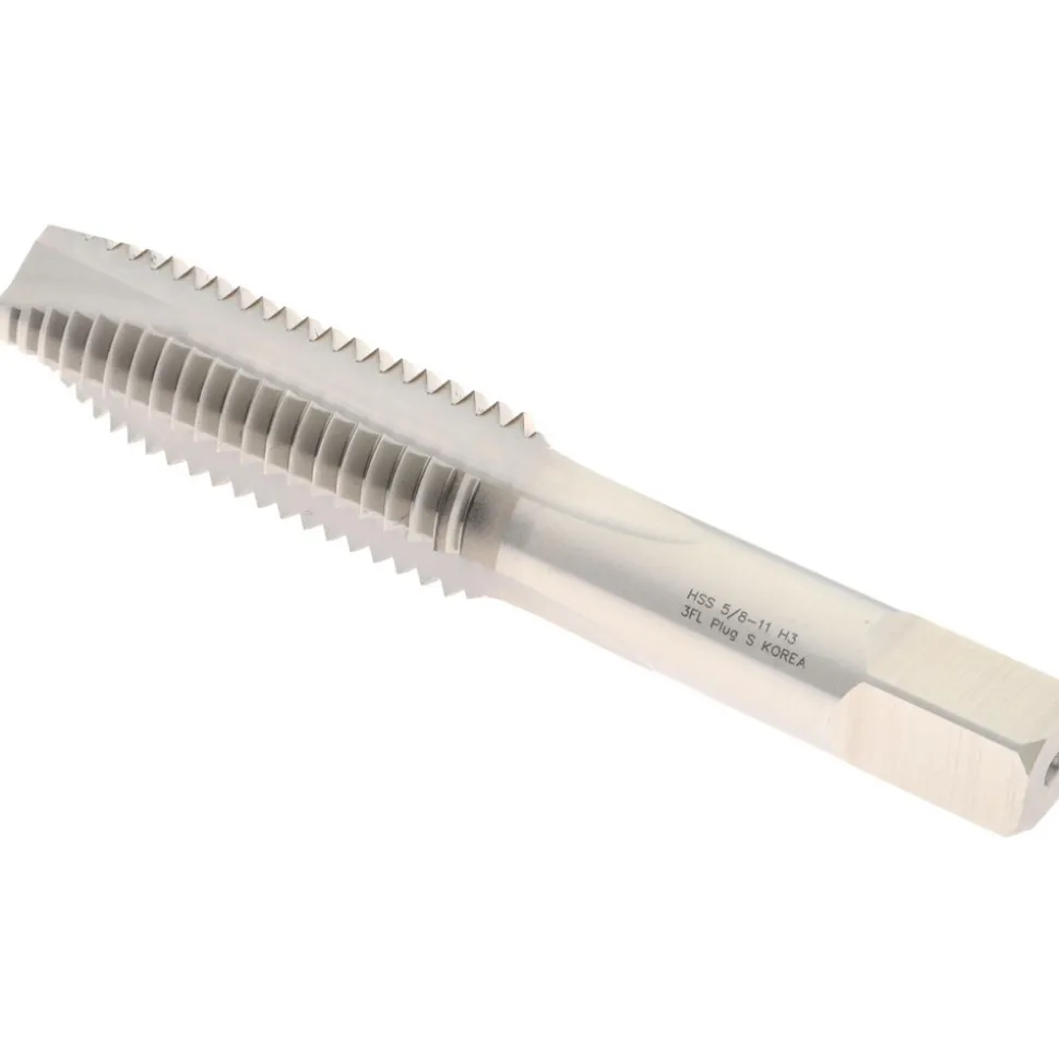 Spiral Point Tap: 5/8-11 UNC, 3 Flutes, Plug Chamfer, 3B Class of Fit, HSS, Bright/Uncoated Coated