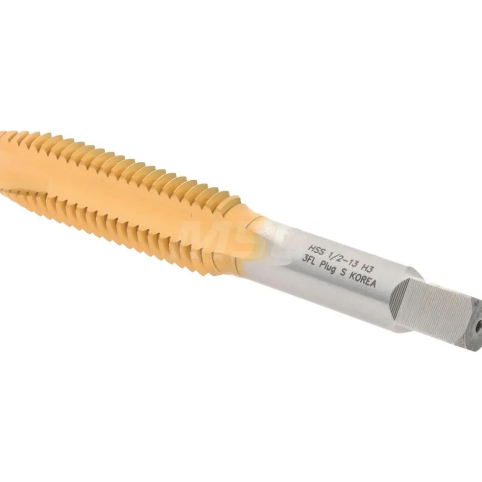 Spiral Point Tap: 1/2-13 UNC, 3 Flutes, Plug Chamfer, 3B Class of Fit, HSS, TiN Coated