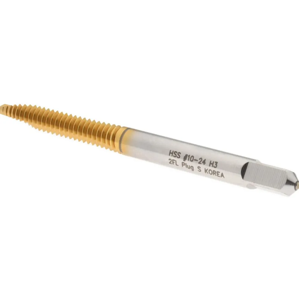 Spiral Point Tap: #10-24 UNC, 2 Flutes, Plug Chamfer, 2B/3B Class of Fit, HSS, TiN Coated