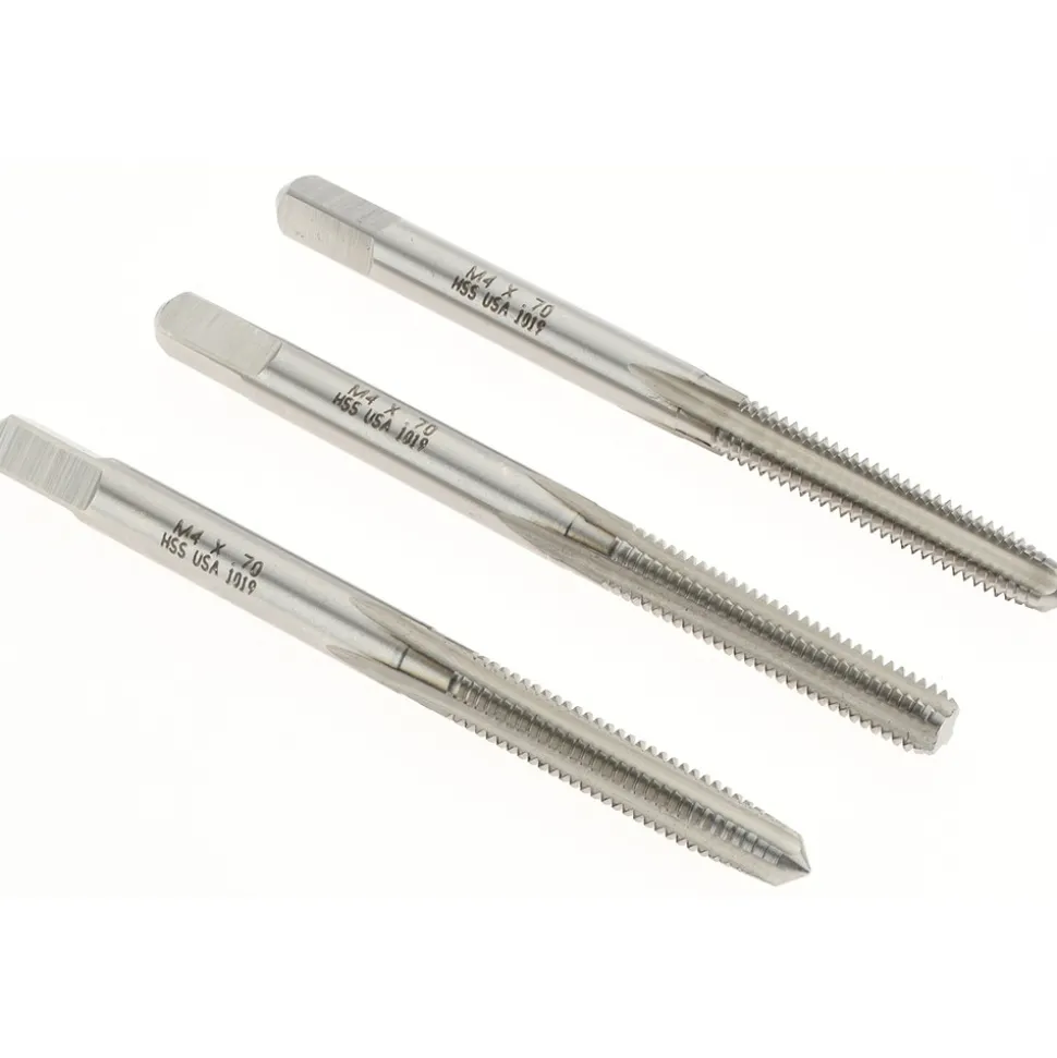 Tap Set: M4 x 0.7 Metric Coarse, 4 Flute, Bottoming Plug & Taper, High Speed Steel, Bright Finish